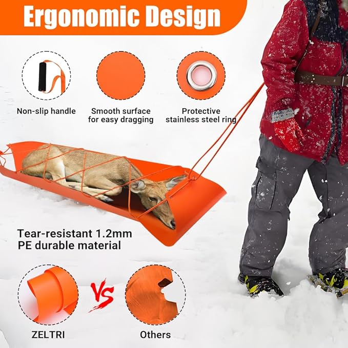 Deer Drag Sled - 1.2mm Thickened Tear-Resistant, 550Lbs Load Capacity Multi-Purpose Deer Cart with Non-Slip Handle for Hauling Hunter Trophies and Discarded Debris on Snow, Sand, Mud, Grass-StrideForce Fitness