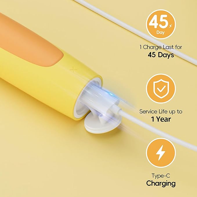 KIWIBIRD Kids Electric Toothbrush for Ages 3–10 | Toddler Sonic Toothbrush with 4 Modes & Soft Silicone Bristles | 2-Min Timer Pressure Sensor | 45-Day Rechargeable Battery | IPX8 Waterproof (Yellow)