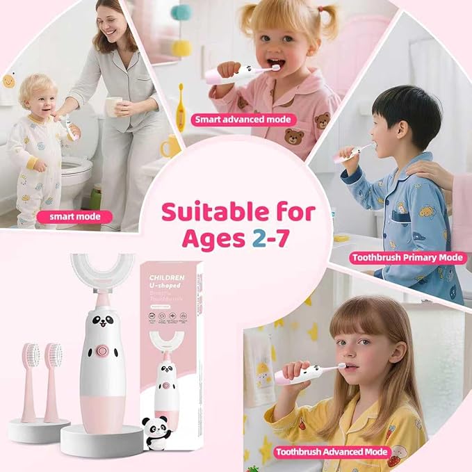 Kids U-Shaped Electric Toothbrush with 2 Brush Heads, Toddlers Sonic with 360 Degree Cleaning, Soft Bristles, Battery Included, IPX7 Waterproof, Cute cartoon for Girls and Boys, Ages 2-7 (Pink)