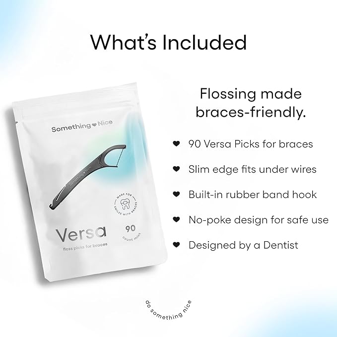 SOMETHING NICE Versa Floss Picks for Braces - Mint Flavored Flossers with Rubber Band Hook & Tongue Scraper, Braces Floss Picks with Xylitol for Protection 90-Pack