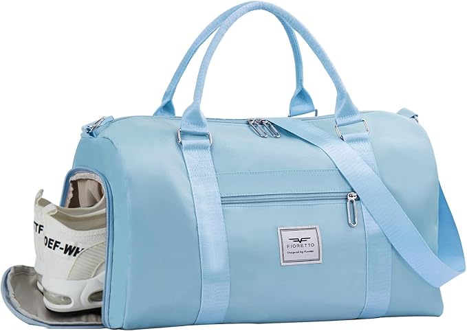 FIORETTO Womens Gym Tote Duffle Bag with Wet Pocket & Shoe Compartment, Sports Duffel Overnight Weekender Hospital Workout Carry on Bag for Girls, Ideal for Travel, Swimming, Dance, Ballet Light Blue-StrideForce Fitness