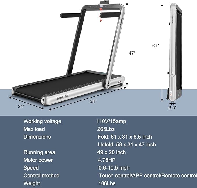 GYMAX Walking Pad, 4.75HP Under Desk Treadmill with LED Touch Screen, App Control, Built-in Speaker & Handle, 2 in 1 Folding Compact Portable Treadmill for Home Small Space-StrideForce Fitness