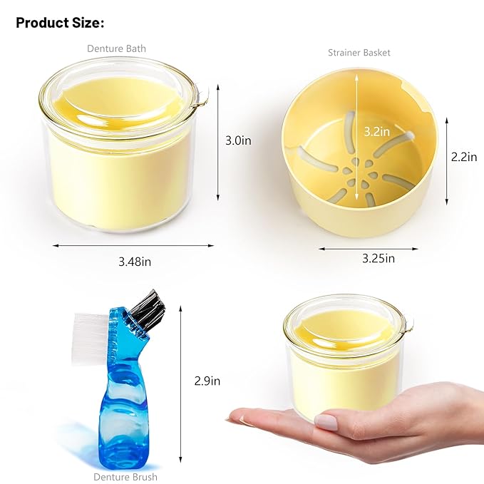 Denture Case, Leak Proof Denture Bath Cup, Full & Partial Denture Clean Holder Box with Strainer, Denture Brush, Denture Soaking Container Cups for Dentures, Retainers, Mouth Guard Storage Case-Yellow