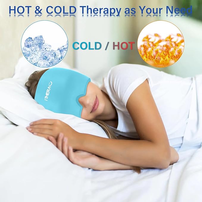 iTHERAU Migraine Relief Cap, Soothing Headache Hat, Gel Ice Pack Head Wrap with Hot and Cold Therapy, Headache Relief Cap for Sinus, Puffy Eyes, Tension and Stress Relief Blue-StrideForce Fitness