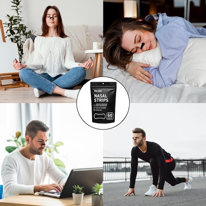 ZB.ONE Breathing Nasal Strip Starter Kit (60 Count), Nose Strips for Breathing, Drug-Free Snoring Solution, Athletic Nose Strips for Better Sleep & Oxygen Flow, Universal Fit & Extra Strength, Black