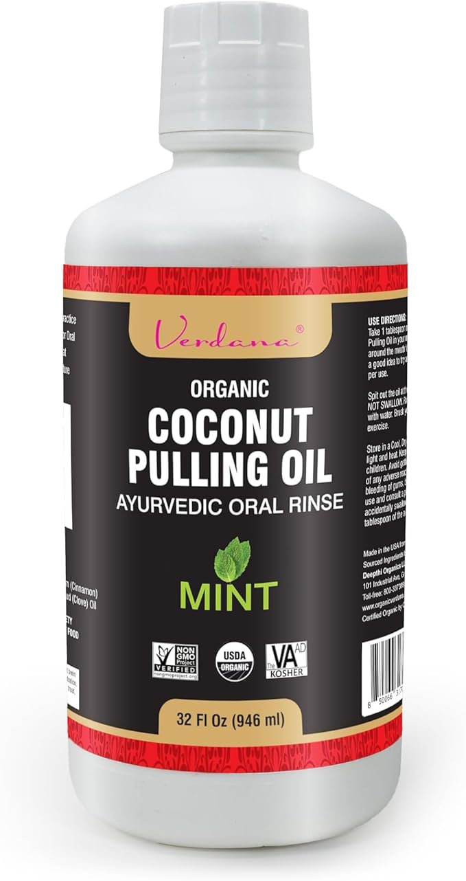 Verdana Organic Oil Pulling for Teeth & Gums – 32 oz Mint – USDA Organic Coconut Pulling Oil Rinse – Alcohol-Free, Fluoride-Free – Natural Mouthwash for Fresh Breath, Gum Health & Oral Detox