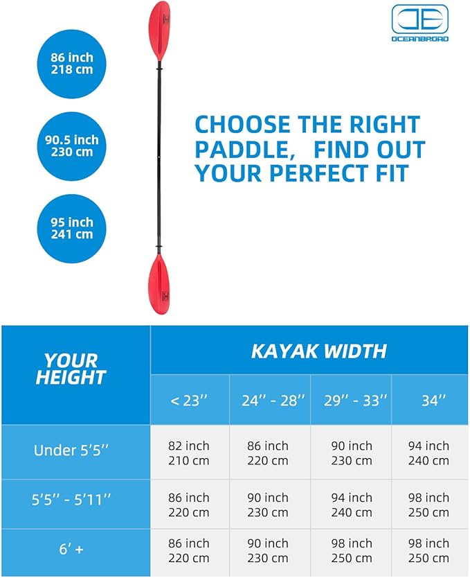 OCEANBROAD Kayak Paddle 86in/218cm, 90.5in/230cm, 95in/241cm Alloy Shaft Kayaking Boating Canoeing Oar with Paddle Leash-StrideForce Fitness