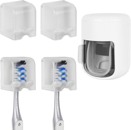 4 Pack Toothbrush Holder Wall Mounted with Cover for Bathroom, Mini Toothbrush Storage Organizer for Shower, Self Adhesive Toothbrush Hanger with Automatic Toothpaste Squeezer Dispenser