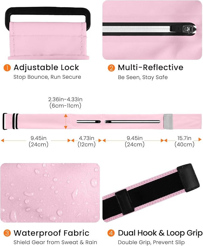 Running Belt for Women and Men, Adjustable Fanny Packs No Bounce Phone Holder for Running with Water Bottle & Headband, Waterproof Reflective Waist Packs for Runner Fits All Phones (L-Pink)