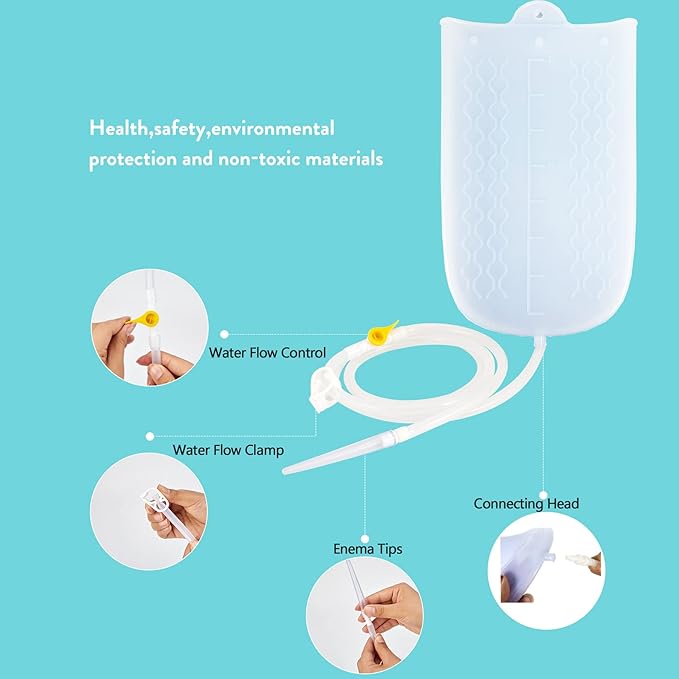 Silicone Enema Bag Kit with 6.3ft Hose, 5 Enema Tips, Controllable Flow Valve and Water Thermometer - 2 Quart Capacity Coffee enemas for Colon Cleanse-StrideForce Fitness
