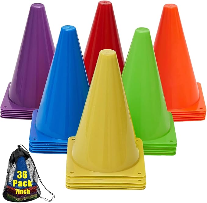 7" Soccer Cones for Training, 36 Pack Sports Agility Field Plastic Small Cones for Kids Skating Basketball Football Practice Drills, 6 Colors-StrideForce Fitness