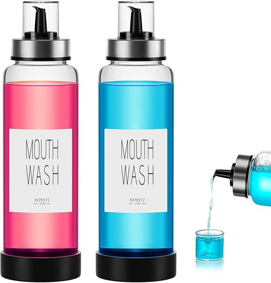 VITVITI Mouthwash Dispenser for Bathroom, Glass Mouth Wash Container with Cup Lid, 17OZ Clear Refillable Mouthwash Bottle Decanter with Silicone Pad/Labels, Set of 2
