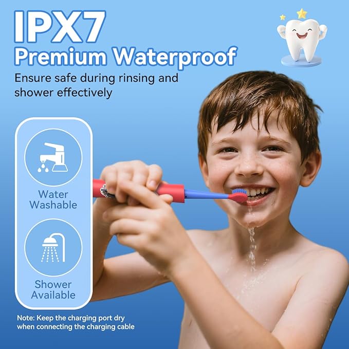 JTF Kids Electric Toothbrush Rechargeable: Sonic Tooth Brush with Smart Timer 5 Brushing Modes 4 Soft Small Brush Heads DIY Sticker and IPX7 Waterproof, Portable Children Toothbrushes for Boy, Ages 3+