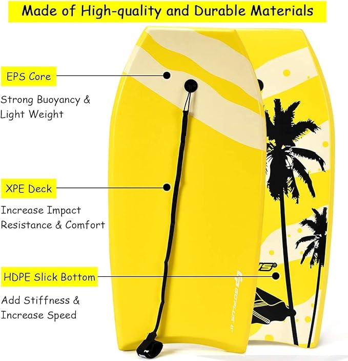 Goplus 41''/37''/33'' Lightweight Body Board for Beach, Surf Board with EPS Core, XPE Deck, HDPE Slick Bottom, Wrist Leash, Bodyboard for Kids Adults Surfing-StrideForce Fitness