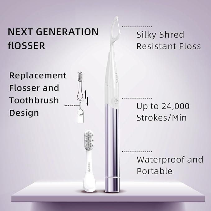 Dr. Emma Electric Vibration Flosser with Replaceable Floss Picks and Toothbrush, Power Flosser for Adults, Dental Flosser Kit for Teeth Cleaning, Water Flosser Alternative, Purple