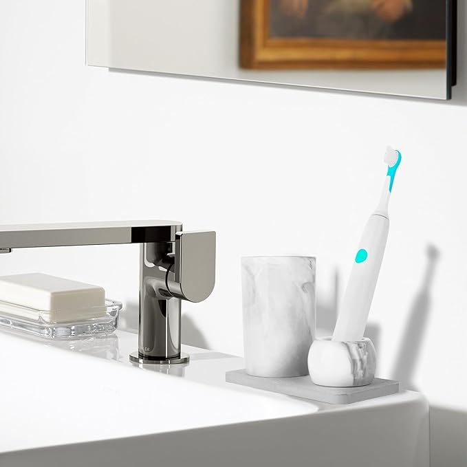 Ceramic Toothbrush Holder & Toothbrush Cup with Diatomite Tray for Bathroom, Bathroom Tumbler Cups Reusable Toothbrush Mouthwash Cup, Shower Counter Storage Organizer (Grey)