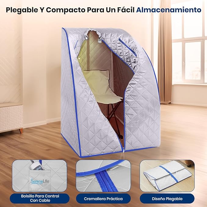 SereneLife Portable Sauna Box for Home, Infrared Sauna Tent with Heated Foot Pad and Folding Chair, Remote Control In-Home Spa, 38" x 32” - (Silver)-StrideForce Fitness