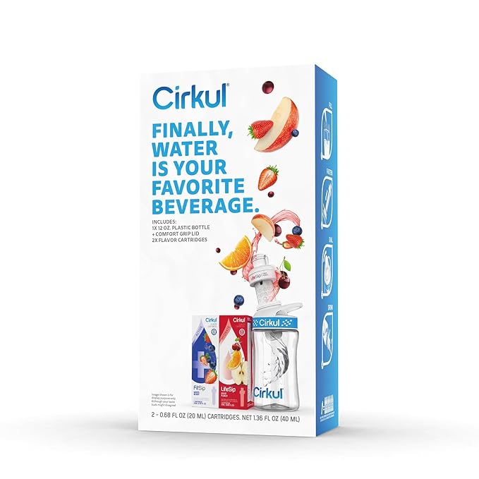 Cirkul 12oz. BPA-Free Plastic Water Bottle Starter Kit for Kids with Blue Lid, 2 Flavor Cartridges (1 LifeSip Fruit Punch, 1 FitSip Mixed Berry), No Sugar, Zero Calorie Drink Mix-StrideForce Fitness