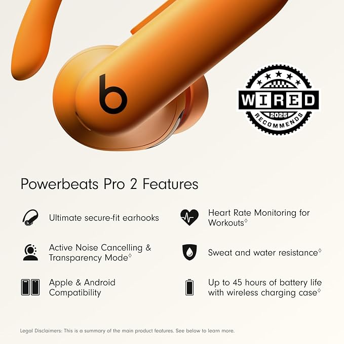 Beats Powerbeats Pro 2 Wireless Bluetooth Earbuds - Noise Cancelling, Heart Rate Monitor, IPX4, Up to 45H Battery & Charging Case, Works with Apple & Android - Electric Orange-StrideForce Fitness