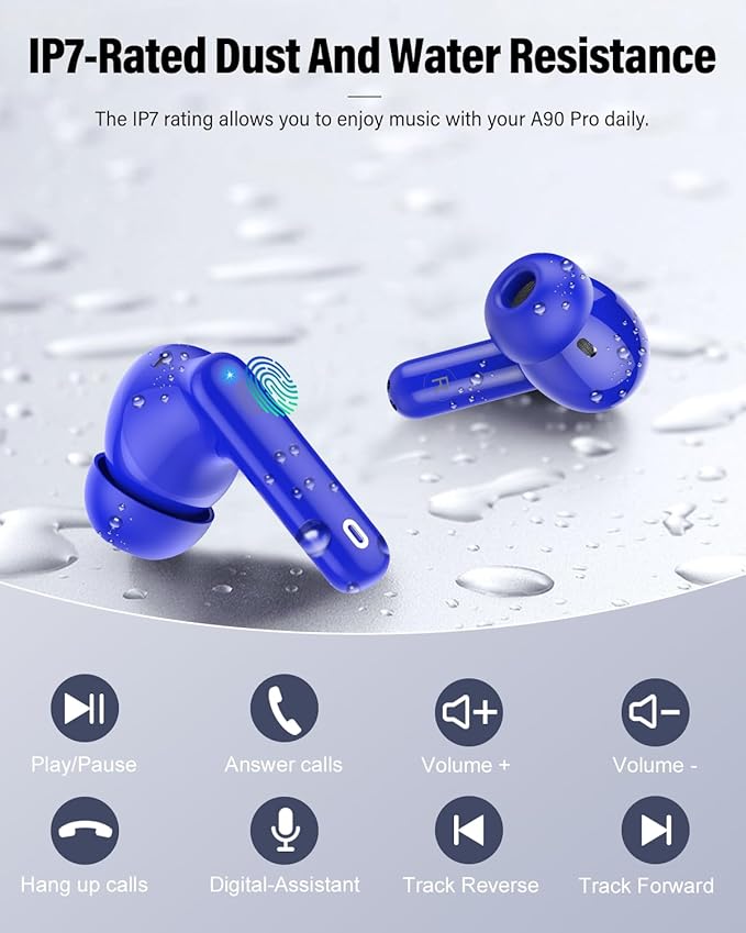 Wireless Earbuds, Bluetooth 5.4 Headphones Bass Stereo, Ear Buds with Noise Cancelling Mic, IP7 Waterproof in Ear Earphones, 36H LED Display Bluetooth Earbuds for Laptop Pad Phones Sports, Blue-StrideForce Fitness