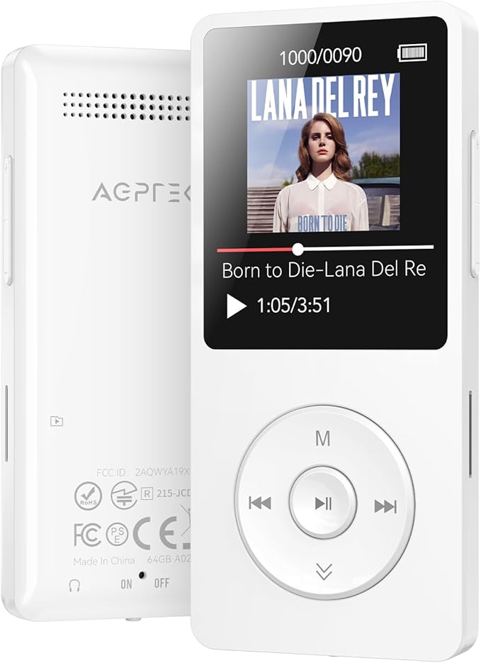 AGPTEK A02 MP3 Player with Bluetooth 5.3, 1.8 inch Screen Portable Music Player with Speaker, FM Radio, Voice Recorder, Supports Expanded Up to 128GB(White, 64GB)-StrideForce Fitness
