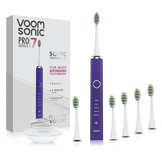 Voom Sonic Pro 7 Rechargeable Electronic Toothbrush + Pro 7 Series Replacement Brush Heads - 2-Minute Timer with Quadrant Pacing & 5 Adjustable Speeds,Soft Dupont Nylon Bristles Oral Care - Purple