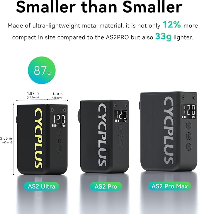 CYCPLUS AS2 Ultra Tiny Bicycle Pump with Gauge, Max 120 PSI Electric Mini Pump, Auto Stop, with Presta and Schrader Valve for E-Bike, MTB, and Road Bike AS2 Ultra (3.06oz)-StrideForce Fitness