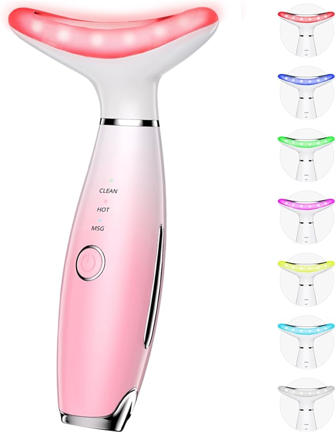 7 Color Galvanic Machines - Red Light Therapy for Face and Neck, Face Massager Tool for Wrinkles, Double Chin, Vibrating Facial Massager with Thermals, Pink-StrideForce Fitness