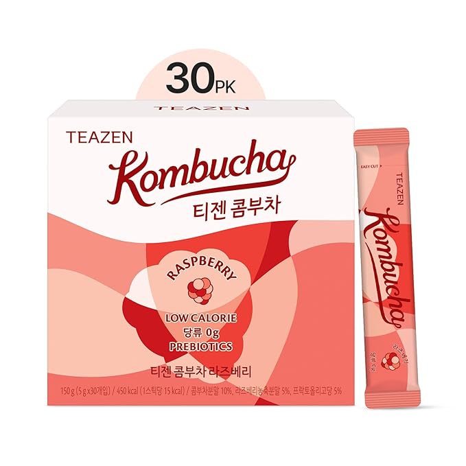 TEAZEN Raspberry Kombucha Tea, Hydration Drink Mix, Sugar Free, Live Probiotics & Prebiotics, 30 Sticks, 5.29oz-StrideForce Fitness