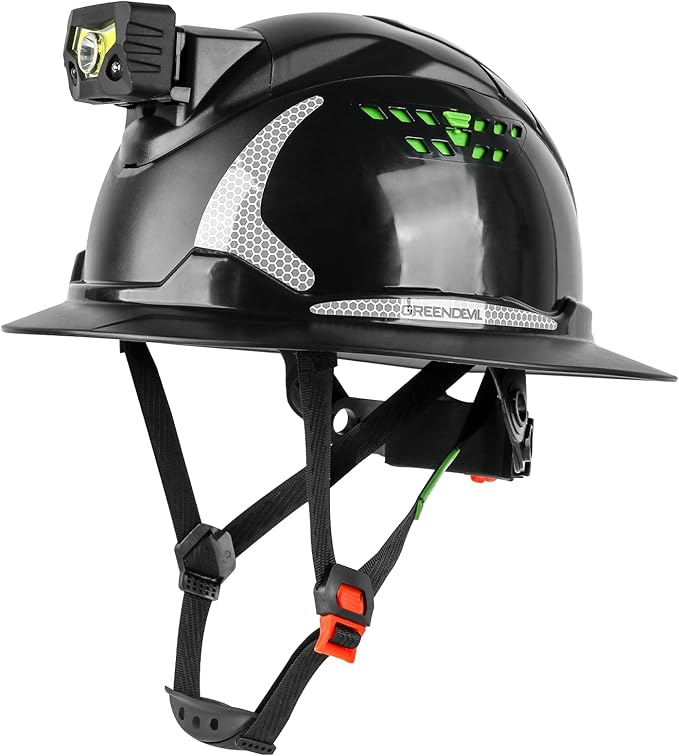 GREEN DEVIL Matrix Full Brim Hard Hat with Headlight Vented Construction Safety Helmet OSHA Approved Cascos De Construccion Work Hardhat for Men&Women-StrideForce Fitness