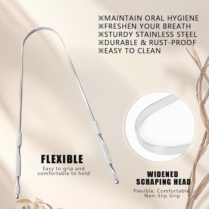 Tongue Scraper for Adults Oral Care Tongue Cleaner Reduce Bad Breath Metal Tongue Scrubber Stainless Steel (Silver, Pack of 2)