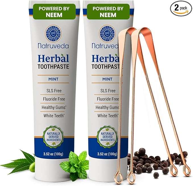 Neem Herbal Toothpaste with Complimentary Copper Tongue Scraper | Fluoride Free, SLS Free, Natural Toothpaste for Adults | Ayurvedic Oral Care with 8 + Herbal Ingredients | 3.52 oz (2 Pack)