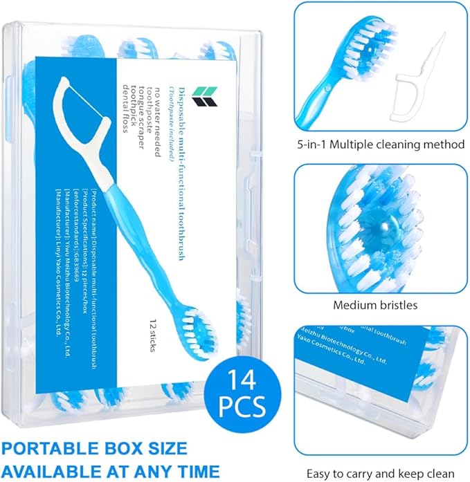 Toothbrushes Travel 14 Count Disposable Toothbrush Individually Wrapped Portable Oral Care Set 5 in 1 Pre-Pasted Mini Brush Floss Pick Tongue Scraper for Camping Hiking School