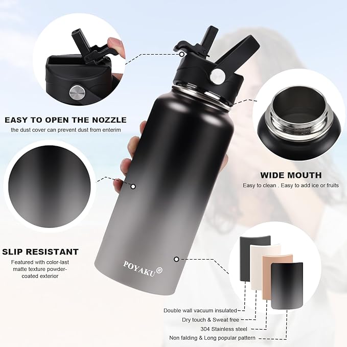 Water Bottle Insulated 32oz 40oz 64oz 128oz Straw Lid Spout Lid & 3 Lids, Leak Proof, Vacuum Insulated,Stainless Steel Water Bottle Wide Mouth for Sports, Gym or Office-StrideForce Fitness