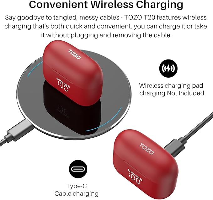 TOZO T20 Wireless Earbuds Bluetooth Headphones 48.5 Hrs Playtime with LED Digital Display, IPX8 Waterproof, Dual Mic Call Noise Cancelling 10mm Broad Range Speakers with Wireless Charging Case-StrideForce Fitness