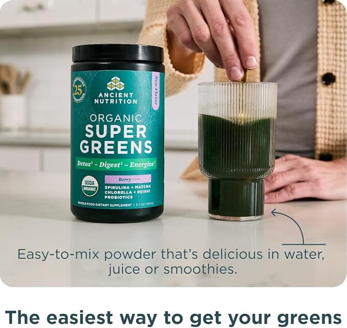 Ancient Nutrition SuperGreens Powder with Probiotics, Organic Berry Flavor Greens, Made from Real Fruits, Vegetables and Herbs, Digestive and Energy Support, 25 Servings, 6.7oz-StrideForce Fitness