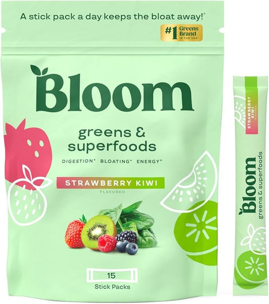 Bloom Nutrition Greens and Superfoods Powder Packets for Digestive Health, Greens Powder, Digestive Enzymes, Probiotics, Spirulina, Chlorella for Bloating & Gut Support, 15 Stick, Strawberry Kiwi-StrideForce Fitness