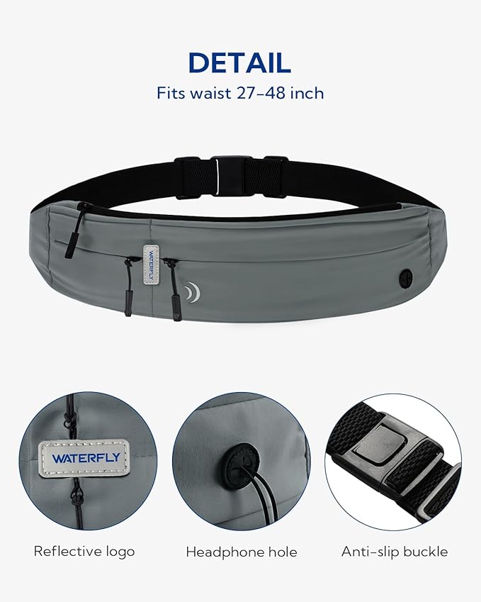 WATERFLY Running Belt Fanny Pack: Runner Marathon Jogging Waist Pack Sport Workout Exercise Fitness Phone Holder Belt for Men Women Jogger Slim Waistband Dark Grey-StrideForce Fitness