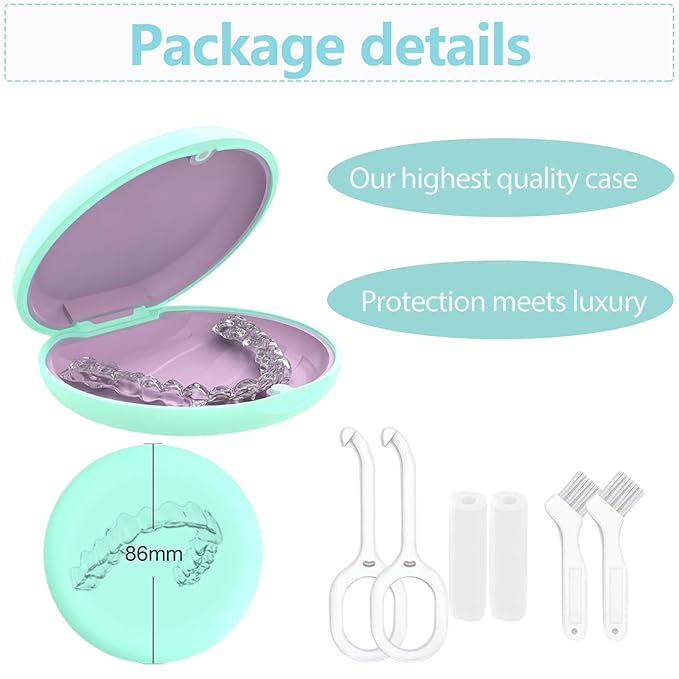 Retainer Case, Slim Aligner Cases for Invisalign, Mouthguard Case with Removal Tools& Aligners Chewies& Brush, Removable Inner Tray Silicone for Easy Cleaning (Green)