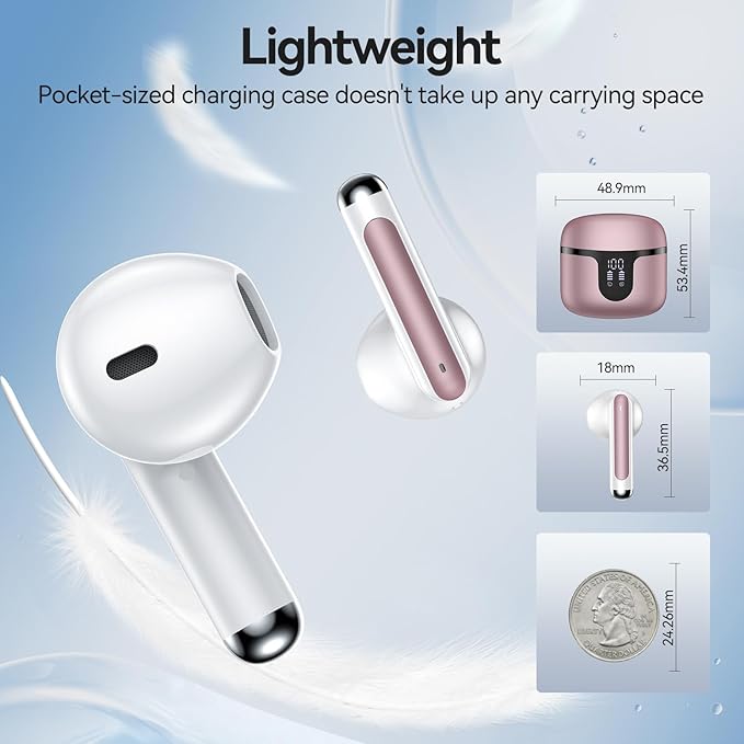 Wireless Earbuds, 2025 Bluetooth 5.3 Headphones HiFi Stereo 50H Playback Ear Buds with Led Digital Display, ENC Noise Cancelling Earbuds for Laptop Computer, iOS, Android, Rose Gold-StrideForce Fitness