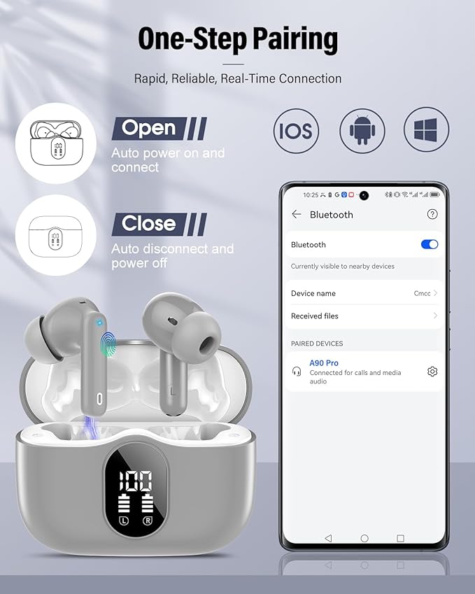 Wireless Earbuds, Bluetooth 5.4 Headphones Bass Stereo, Ear Buds with Noise Cancelling Mic, IP7 Waterproof in Ear Earphones, 36H LED Display Bluetooth Earbuds for Laptop Pad Phones Sports, Grey-StrideForce Fitness