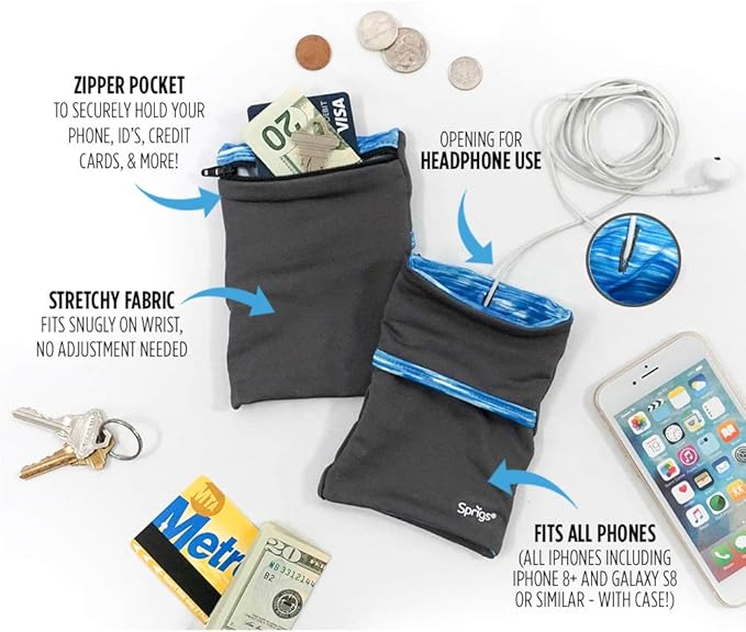 Sprigs Banjees 2 Pocket Wrist Wallet/Wrist Band/Wrist Pocket for Travel, Walking, & Running. Wallet Pouch That Holds Cash, Card, ID's, and More-StrideForce Fitness