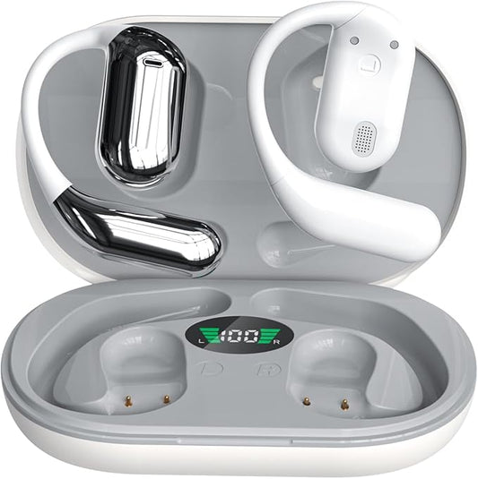Wireless Earbuds Bluetooth Earbuds Built-in Mic with Ear Hooks 50H Playtime Ear Buds LED Display Charging Case Waterproof Design for Running Fitness (White)-StrideForce Fitness