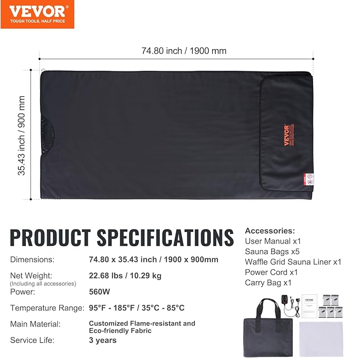 VEVOR Sauna Blanket for Detoxification, Portable Far Infrared Sauna for Home, PU Sauna Bag w/Therapy Stones & Carbon Fiber Heating, 1-6 Level Adjustable Temp 95-185℉, 1-60 Minutes Timer, 75 x 35in-StrideForce Fitness