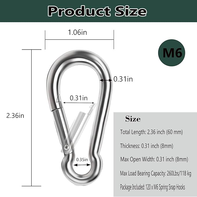 M6 Spring Snap Hook Carabiners, Carabiner Clip, Heavy Duty Galvanized Steel Spring Clip, Quick Link Key Chain for Swing Hammock Gym Outdoor, Holding Capacity-StrideForce Fitness