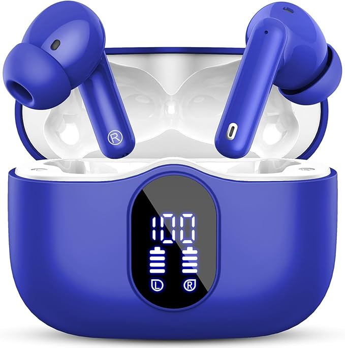 Wireless Earbuds, Bluetooth 5.4 Headphones Bass Stereo, Ear Buds with Noise Cancelling Mic, IP7 Waterproof in Ear Earphones, 36H LED Display Bluetooth Earbuds for Laptop Pad Phones Sports, Blue-StrideForce Fitness