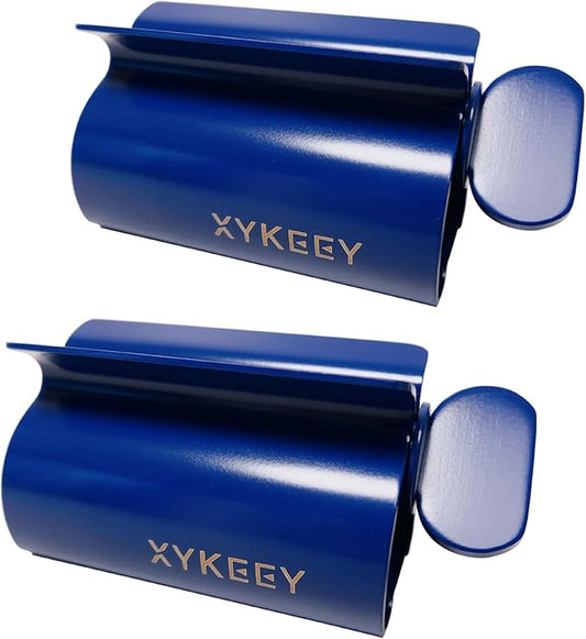 XYKEEY Toothpaste Tube Squeezer - Set of 2 Toothpaste Squeezer Rollers, Metal Toothpaste Tube Wringer Seat Holder Stand (Blue)