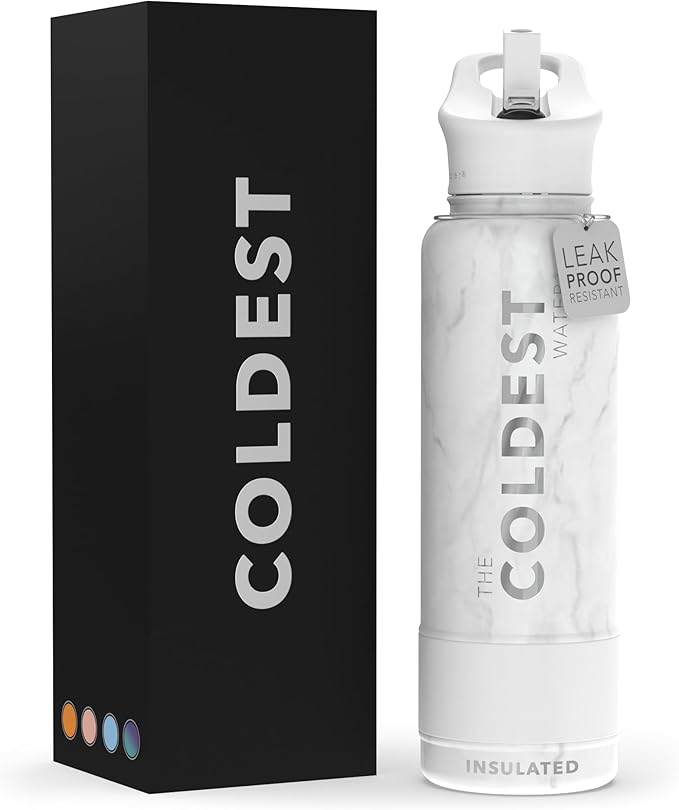 Coldest Insulated Water Bottle with Straw Lid - Stainless Steel Metal Insulated Bottle for Men & Women (Carrara Marble, 40 oz)-StrideForce Fitness
