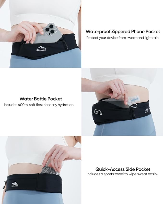 Running Belt with 400ml Soft Flask, Extension Strap & Phone Holder, Adjustable Running Fanny Pack with Gym Towel, Waterproof Belt Bag for Women Men for Jogging Marathon (Black, Large)-StrideForce Fitness