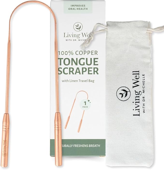 Living Well with Dr. Michelle Copper Tongue Scraper - Premium Metal Tongue Cleaner for Adults & Kids - Eliminate Bad Breath & Enhance Oral Hygiene - Includes Travel Bag